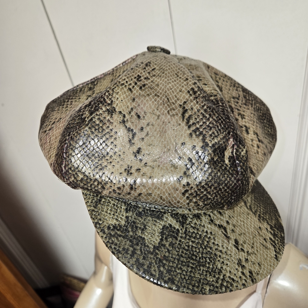 Vintage Snakeskin Print Newsboy Hat Olive Green Brown Tan Baker Boy Cap - Picture 3 of 12